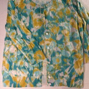 Talbots 3/4 sleeve Blue and Yellow cardigan Vibrant Style large petit